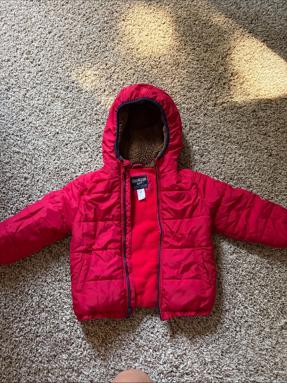 OshKosh B'gosh Red Jacket with Hood and Brown Faux-Fur Lining 4T